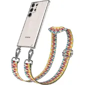 EAZY CASE Handykette - Verstellbarer Trageriemen kompatibel mit Samsung Galaxy S23 Ultra, Handykordel mit transparenter Silikon-Hülle, Karabiner Silber, ZickZack Style, Band in Bunt