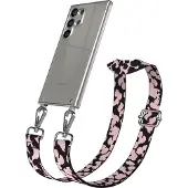 EAZY CASE Handykette - Verstellbarer Trageriemen kompatibel mit Samsung Galaxy S24 Ultra, Handykordel mit transparenter Silikon-Hülle, Karabiner Silber, Camouflage Style, Band in Rosa