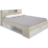 Vente-unique Bett mit Kopfteil, Stauraum & Schubladen - 180 x 200 cm - Holzfarben & Weiß - LEANDRE