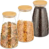 Relaxdays Vorratsgläser mit Deckel, 3er Set, 1400 ml, luftdicht, Lebensmittel-Lagerung, Vorratsdosen, transparent/ natur