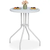 Relaxdays Gartentisch, H x D: 73 x 60 cm, Rattanoptik, Kunststoff & Stahl, Outdoor Esstisch, runder Balkontisch, weiß