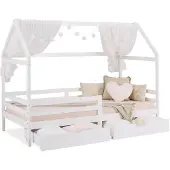 Homestyle4u Kinderbett 90x200 mit Rausfallschutz Hausbett Weiß Bodenbett Bettkasten mit Lattenrost