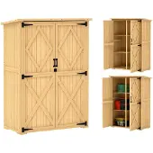 Outsunny Gartenschrank Holz, Geräteschuppen mit Abschließbar Doppeltür Naturholz