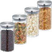 Relaxdays Vorratsgläser 4er Set, 1000ml Nudelglas, luftdicht, Edelstahldeckel, Vorratsdose für Küche, transparent/silber