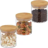 Relaxdays Vorratsgläser mit Bambusdeckel, 3er Set, kleine Vorratsdosen aus Glas, 500 ml, luftdicht, transparent/natur