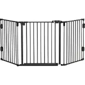 PawHut Hunde Absperrgitter Türschutzgitter Haustierschutzgitter verstellbar klappbar Kamingitter mit automatische schließenden Tür 3 Paneele für Ofen Wandmontage/Freistehend Schwarz 202,5 x 76 cm