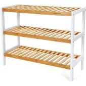 Songmics Schuhregal aus Bambus 3 Ebenen, 55 x 70 x 25 cm weiß-naturfarben