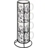 Secret De Gourmet Keramik-Kaffeebecher-Set mit Metallständer - 4 Stück, Weiß, 240 ml