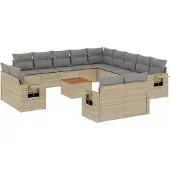 vidaXL 14-tlg. Garten-Sofagarnitur mit Kissen Beige Poly Rattan