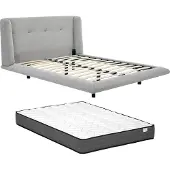 Vente-unique Polsterbett 160 x 200 cm - mit gestepptem Kopfteil - Stoff - Hellgrau + Matratze - PENAVI