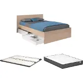 Vente-unique Bett mit 2 Schubladen 140 x 190 cm - Natur und weiß glänzend + Rahmen + Matratze - VELONA