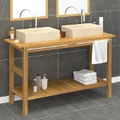The Living Store Waschtisch mit Creme Marmorbecken Massivholz Teak