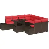 vidaXL Gartensofa-set 9 stk. 8-Sitzanzahl Braun und Rot Poly-Rattan