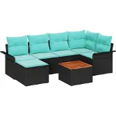 vidaXL Gartensofa-set 7 Stk. Schwarz und Türkis Poly-Rattan