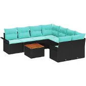 vidaXL Gartensofa-set 9 pcs Schwarz und Türkis Poly-Rattan