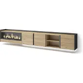 Skraut Home TV-Möbel Holzeffekt eiche schwarz 315x35x50cm Kamin mit Feuereffekt