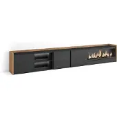 Skraut Home TV-Möbel Holzeffekt schwarz eiche 315x35x50cm Kamin mit Feuereffekt