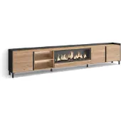 Skraut Home TV-Möbel Holzeffekt eiche schwarz 315x35x61cm Kamin mit Feuereffekt