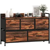 HOMCOM Kommode mit 5 Schubladen aus Stoff Kommodenschrank mit Stahlgestell Braun
