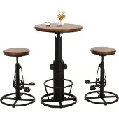 Mendler Set Bartisch + 2x Barhocker MCW-N20, Barstuhl Stehtisch höhenverstellbar drehbar Fußablage Industrial Holz braun
