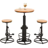 Mendler Set Bartisch + 2x Barhocker MCW-N20, Barstuhl Stehtisch höhenverstellbar drehbar Fußablage Industrial Holz natur