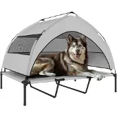 PawHut Hundeliege Outdoor mit Dach, Erhöhtes Hundebett mit Stahlrahmen Hellgrau
