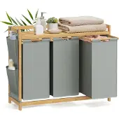 Songmics 3-fach getrennter Wäschenest, bis zu 150 L Fassungsvermögen, mit Einlegeboden, Wäschenetze, Seiten Tasche, 3 x 50 L, 94 x 33 x 78 cm, Grau, RLH115G01