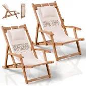 Juskys Sonnenliege Tavira Creme - klappbar, verstellbar, 2er Set, Akazienholz