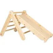 Meowbaby Klettergerüst für Kinder - Indoor Kletterdreieck mit Rutsche/Kletterwand, Montessori Spielgeräte Pikler aus Holz, Natur