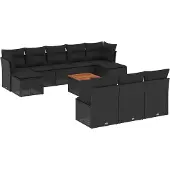 vidaXL 11-tlg. Garten-Sofagarnitur mit Kissen Schwarz Poly Rattan