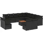 vidaXL 14-tlg. Garten-Sofagarnitur mit Kissen Schwarz Poly Rattan