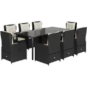 vidaXL 9-tlg. Garten-Essgruppe mit Kissen Schwarz Poly Rattan