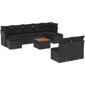 vidaXL 10-tlg. Garten-Sofagarnitur mit Kissen Schwarz Poly Rattan
