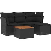 vidaXL 5-tlg. Garten-Sofagarnitur mit Kissen Schwarz Poly Rattan