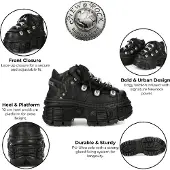 New rock M-OVERZ106B-C1 Gothic-Stiefeletten aus klobigem schwarzem Leder im Metallic-Look