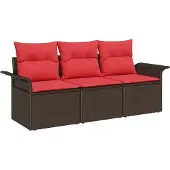 vidaXL Sofa Set 3 stk. 3-Sitzanzahl Braun und Rot Poly-Rattan