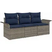 vidaXL Sofa Set mit Kissen 3 pcs Grau und Marineblau Poly-Rattan