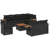 vidaXL 9-tlg. Garten-Sofagarnitur mit Kissen Schwarz Poly Rattan