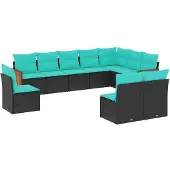 vidaXL 10-teiliges Gartensofa-Set mit Kissen, schwarzes Polyrattan