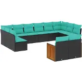 vidaXL 12-teiliges Gartensofa-Set mit Kissen, schwarzes Polyrattan