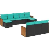 vidaXL 10-teiliges Gartensofa-Set mit Kissen, schwarzes Polyrattan