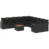 vidaXL 11-tlg. Garten-Sofagarnitur mit Kissen Schwarz Poly Rattan