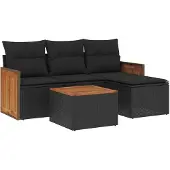 vidaXL 5-tlg. Garten-Sofagarnitur mit Kissen Schwarz Poly Rattan