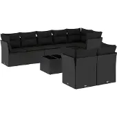 vidaXL 9-tlg. Garten-Sofagarnitur mit Kissen Schwarz Poly Rattan