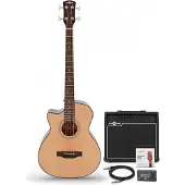 Gear4Music Elektroakustische Linkshänder-Bassgitarre Natur 35W Bassverstärker & Zubehörpaket