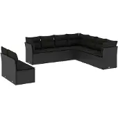 vidaXL 9-tlg. Garten-Sofagarnitur mit Kissen Schwarz Poly Rattan