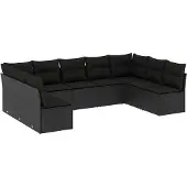 vidaXL 9-tlg. Garten-Sofagarnitur mit Kissen Schwarz Poly Rattan