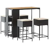 vidaXL 5-tlg. Gartenbar-Set mit Kissen Schwarz Poly Rattan