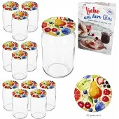 MamboCat 12er Set Sturzglas 720ml Einmachglas Comic-Obst Deckel Rezept-Heft