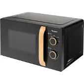 Bestron 700 Watt Mikrowelle, zweiteiliges Kontrollpanel mit 5 Leistungsstufen & 35Min. Timer, stufenlos regelbar, mit 25.5cm Drehteller für alle gängigen Größen, Black & Wood, Farbe: Schwarz/Holzoptik